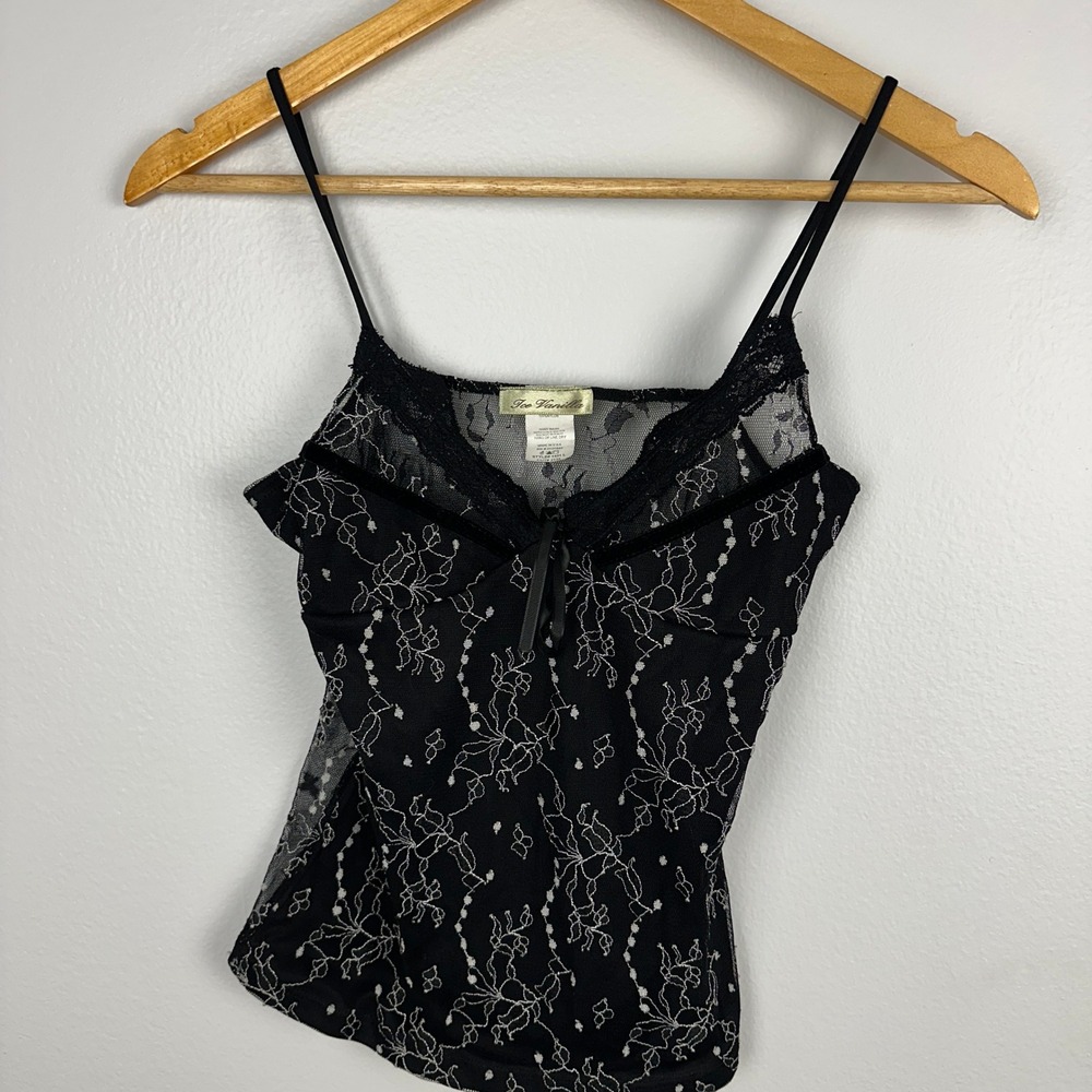 Ice Vanilla Black White Floral Lace Mesh Camisole Top Vintage Y2K Large 1401 L